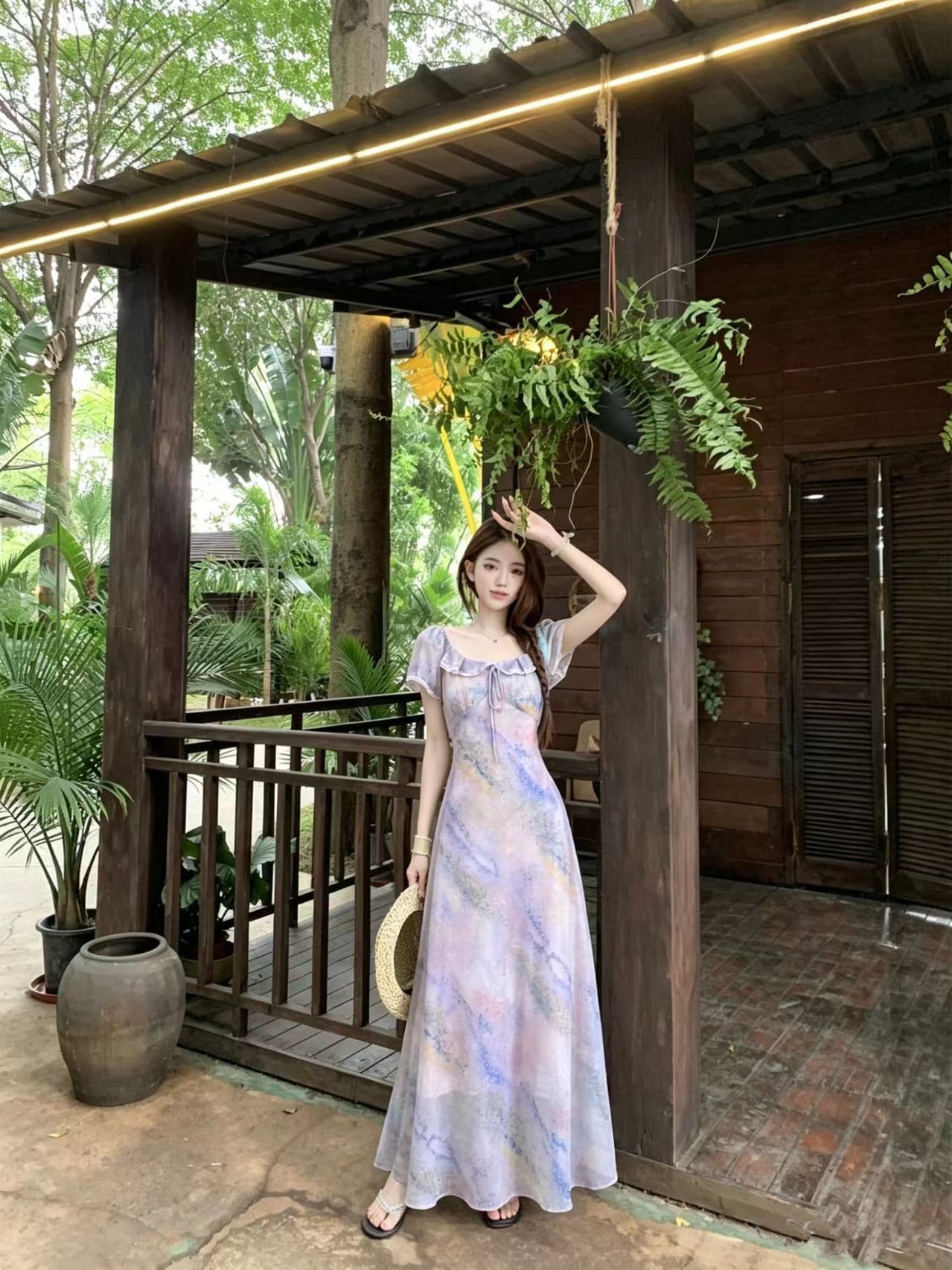 빅 사이즈 둘 착용 오프숄더 프랑스식 낭만주의 바람 헤일로 염색 프린트 드레스 레이스업 허리 수축 슬림해 보이는 부드러운 센스 롱 스커트 상세 이미지 1