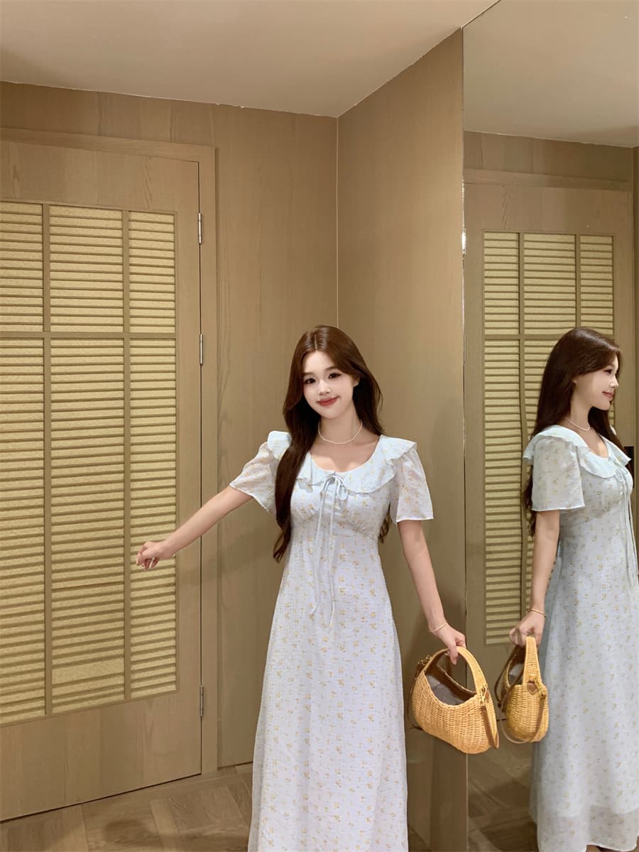 빅 사이즈 mm 한 부서 미니멀리즘 작은 꽃무늬 허리 수축 슬림해 보이는 롱 스커트 2026 프릴 칼라 연령 감소 드레스 상세 이미지 9