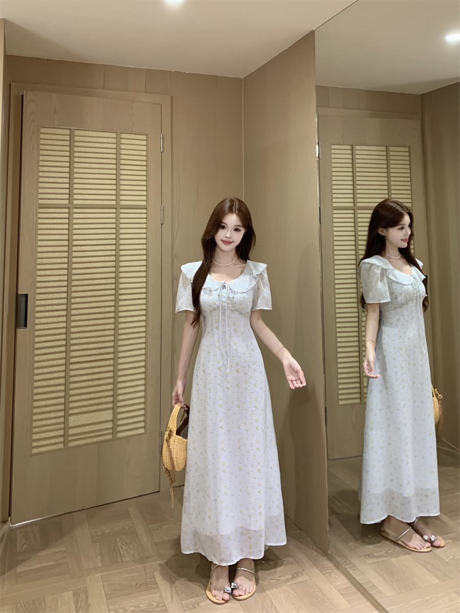 빅 사이즈 mm 한 부서 미니멀리즘 작은 꽃무늬 허리 수축 슬림해 보이는 롱 스커트 2026 프릴 칼라 연령 감소 드레스 상세 이미지 15