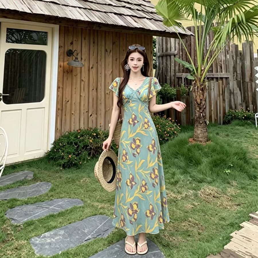 빅 사이즈 지방 mm 여름 새로운 여성 의류 프랑스식 우아함 레이스 프린트 치마 반팔 쉬폰 꽃무늬 여성 드레스 이미지 5