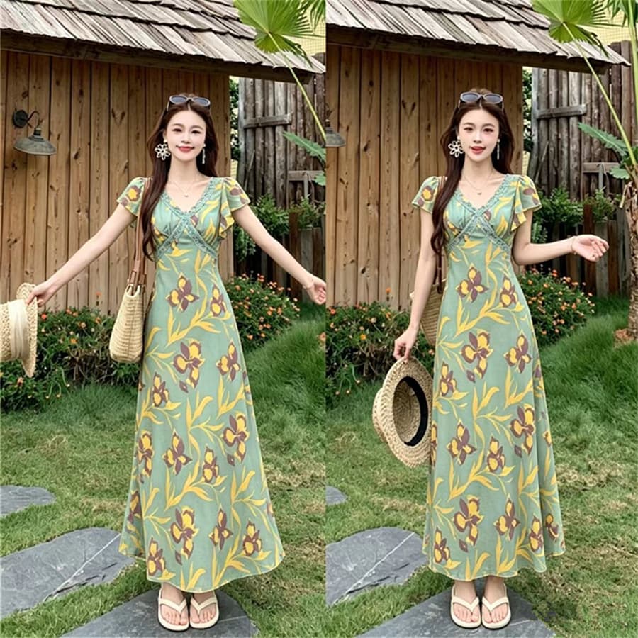빅 사이즈 지방 mm 여름 새로운 여성 의류 프랑스식 우아함 레이스 프린트 치마 반팔 쉬폰 꽃무늬 여성 드레스 상세 이미지 1
