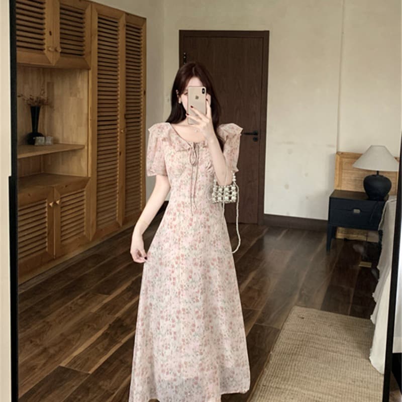 빅 사이즈 여름 새로운 프랑스식 부드러운 바람 한 부서 꽃무늬 허리 수축 슬림해 보이는 중간 길이 드레스 외국 가스 길다 치마 이미지 5