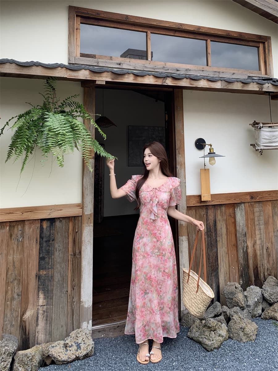 여름 프랑스식 프릴 칼라 나비 매듭 여성 드레스 부드러운 분말 꽃무늬 휴가 치마 허리 수축 슬림해 보이는 차 휴식 치마 상세 이미지 8