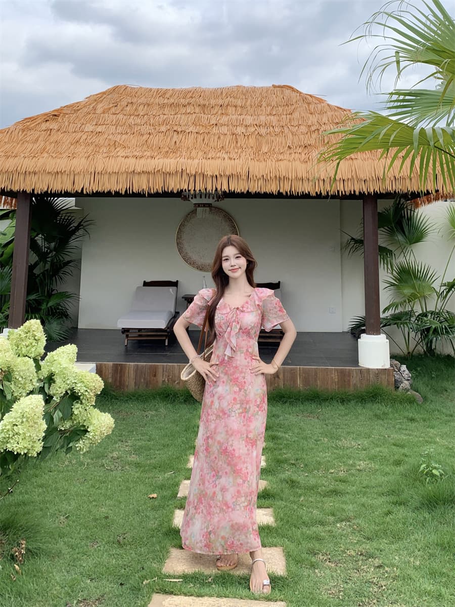 여름 프랑스식 프릴 칼라 나비 매듭 여성 드레스 부드러운 분말 꽃무늬 휴가 치마 허리 수축 슬림해 보이는 차 휴식 치마 상세 이미지 9