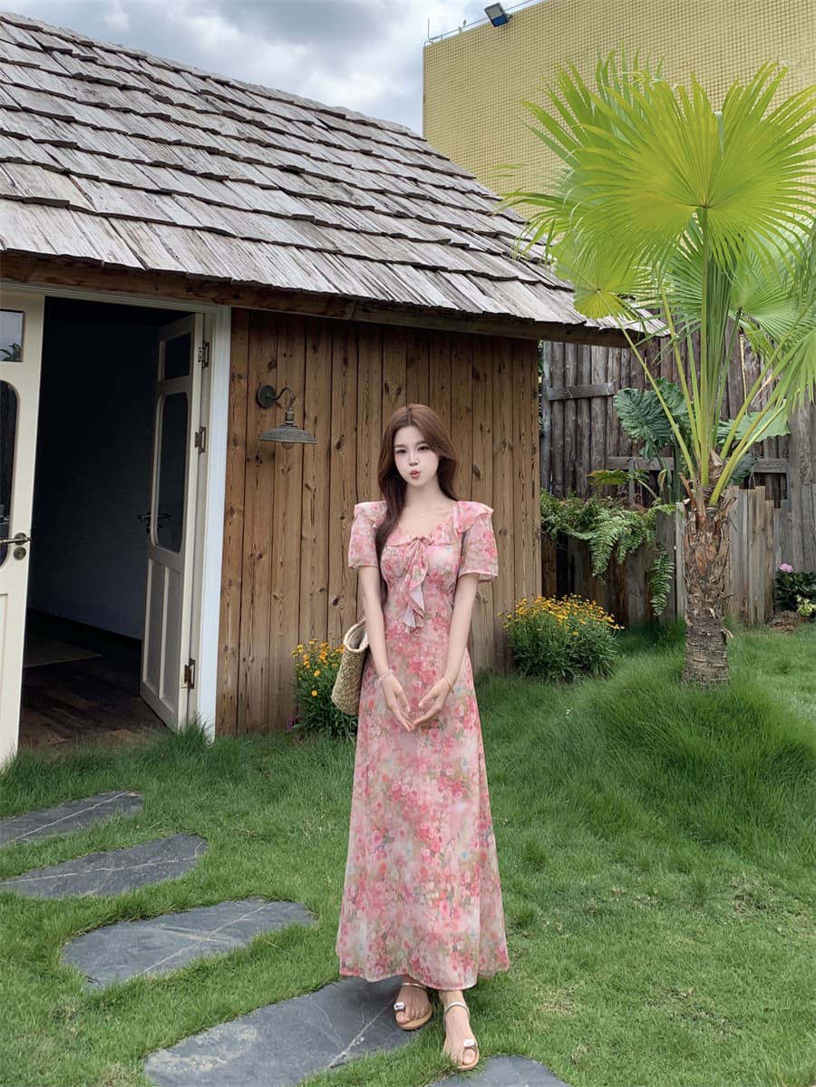 여름 프랑스식 프릴 칼라 나비 매듭 여성 드레스 부드러운 분말 꽃무늬 휴가 치마 허리 수축 슬림해 보이는 차 휴식 치마 상세 이미지 11