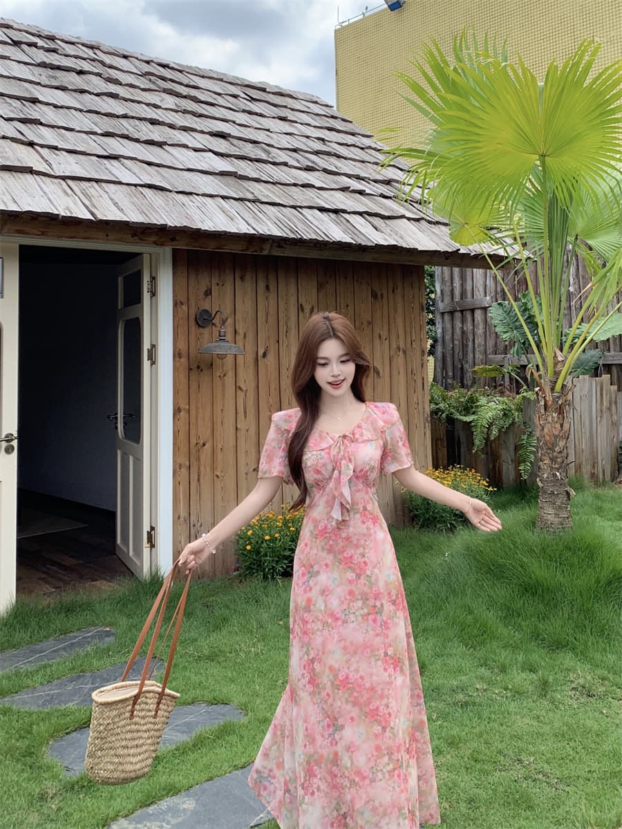 여름 프랑스식 프릴 칼라 나비 매듭 여성 드레스 부드러운 분말 꽃무늬 휴가 치마 허리 수축 슬림해 보이는 차 휴식 치마 상세 이미지 17