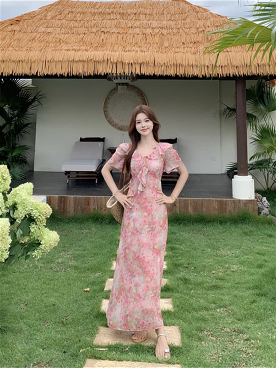 여름 프랑스식 프릴 칼라 나비 매듭 여성 드레스 부드러운 분말 꽃무늬 휴가 치마 허리 수축 슬림해 보이는 차 휴식 치마 이미지 4