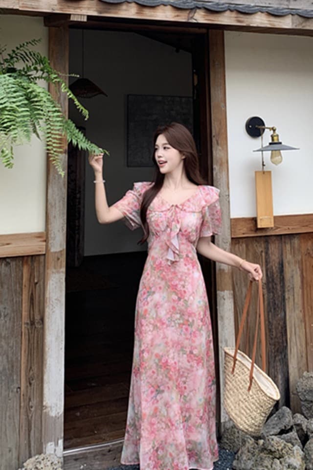 여름 프랑스식 프릴 칼라 나비 매듭 여성 드레스 부드러운 분말 꽃무늬 휴가 치마 허리 수축 슬림해 보이는 차 휴식 치마 이미지 6