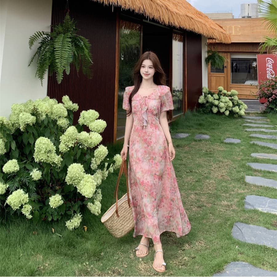 여름 프랑스식 프릴 칼라 나비 매듭 여성 드레스 부드러운 분말 꽃무늬 휴가 치마 허리 수축 슬림해 보이는 차 휴식 치마 이미지 5