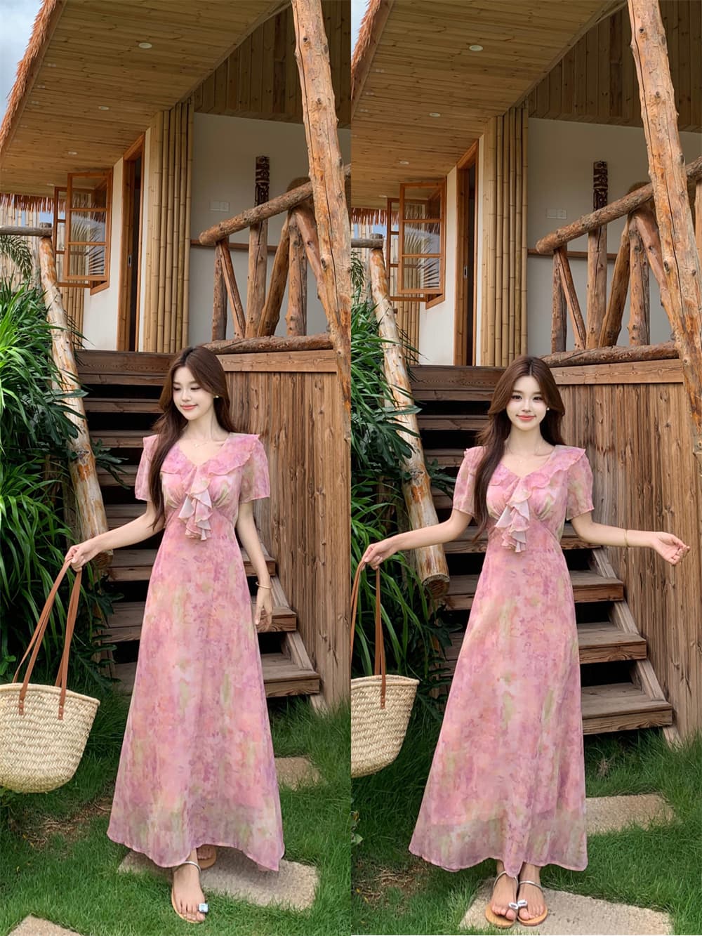 여름 새로운 패션 다용도 프랑스식 품격 허리 수축 슬림해 보이는 프릴 칼라 나비 매듭 부드러운 바람 휴가 드레스 상세 이미지 1