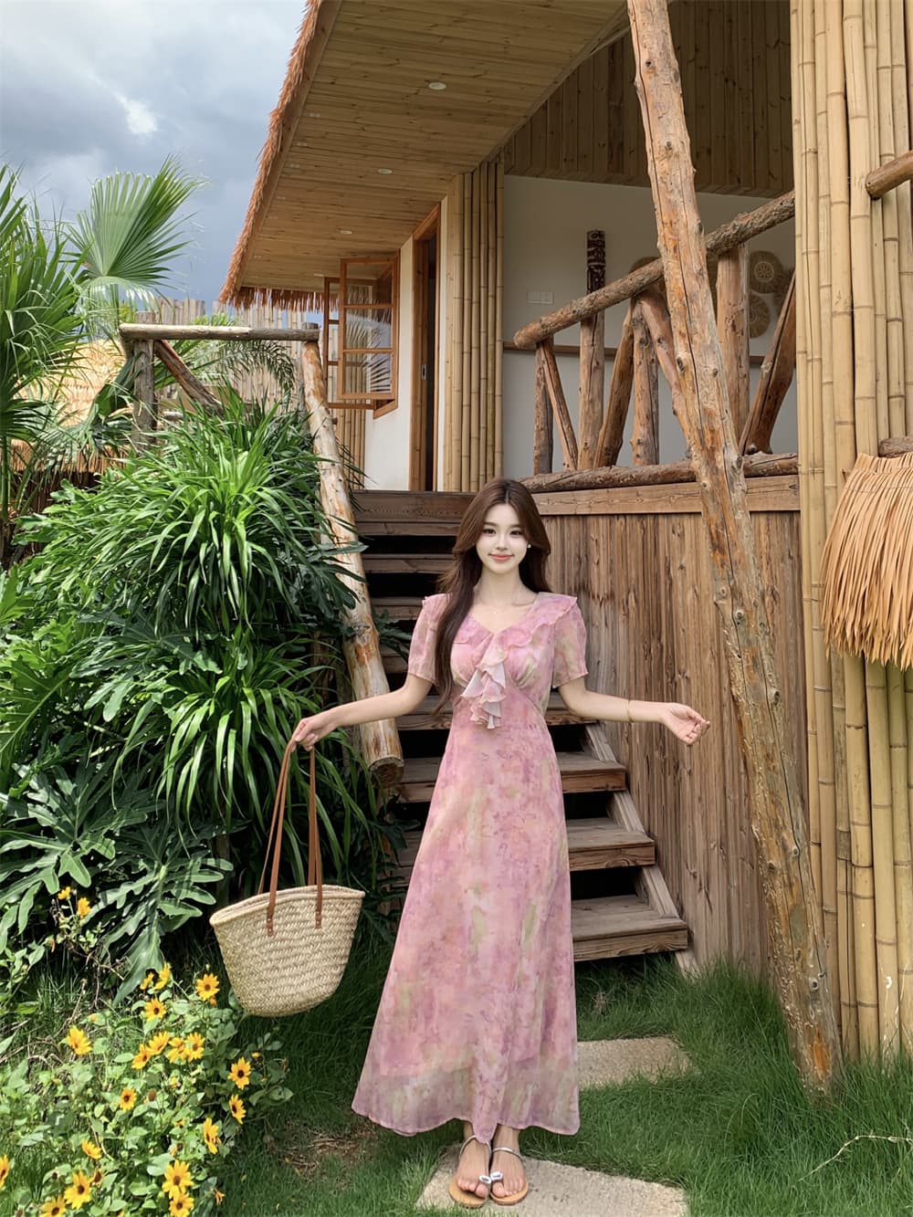 여름 새로운 패션 다용도 프랑스식 품격 허리 수축 슬림해 보이는 프릴 칼라 나비 매듭 부드러운 바람 휴가 드레스 상세 이미지 5