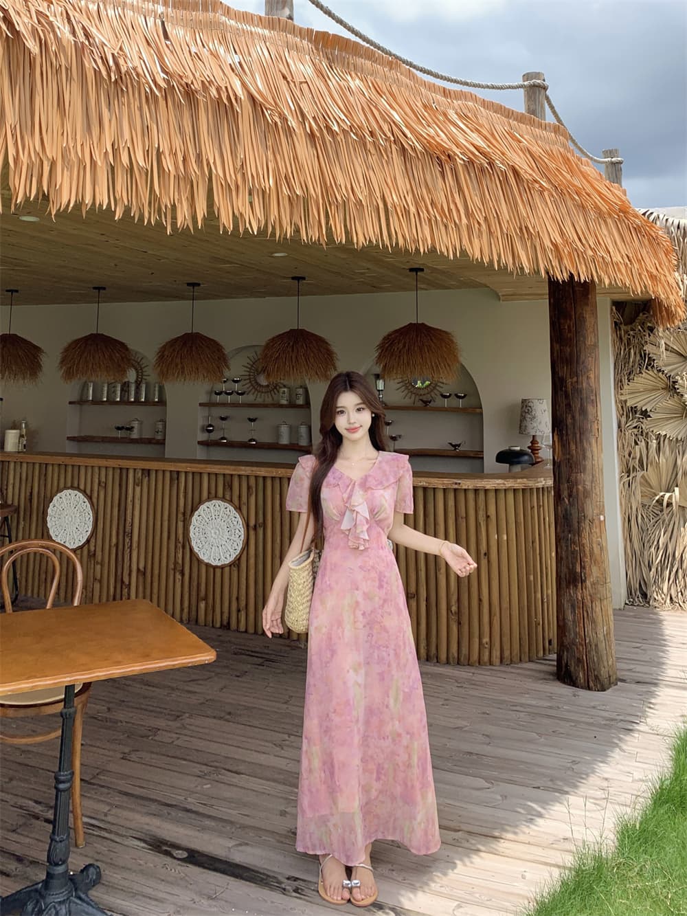 여름 새로운 패션 다용도 프랑스식 품격 허리 수축 슬림해 보이는 프릴 칼라 나비 매듭 부드러운 바람 휴가 드레스 상세 이미지 9