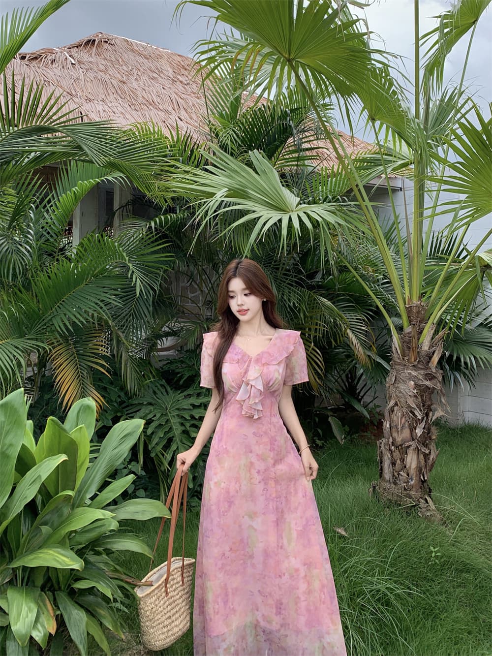 여름 새로운 패션 다용도 프랑스식 품격 허리 수축 슬림해 보이는 프릴 칼라 나비 매듭 부드러운 바람 휴가 드레스 상세 이미지 15