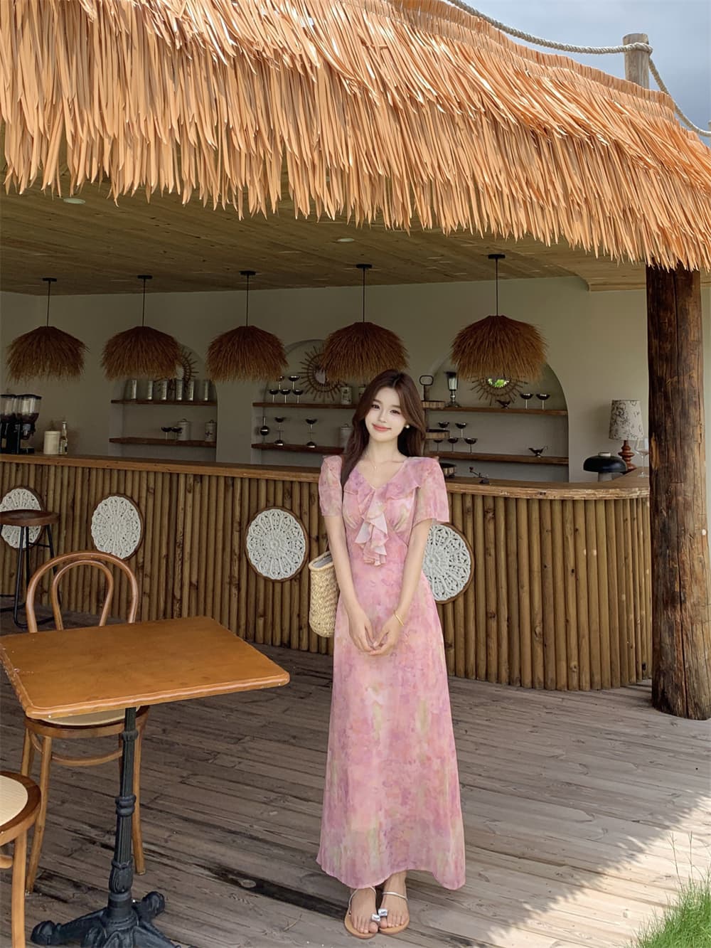 여름 새로운 패션 다용도 프랑스식 품격 허리 수축 슬림해 보이는 프릴 칼라 나비 매듭 부드러운 바람 휴가 드레스 상세 이미지 16