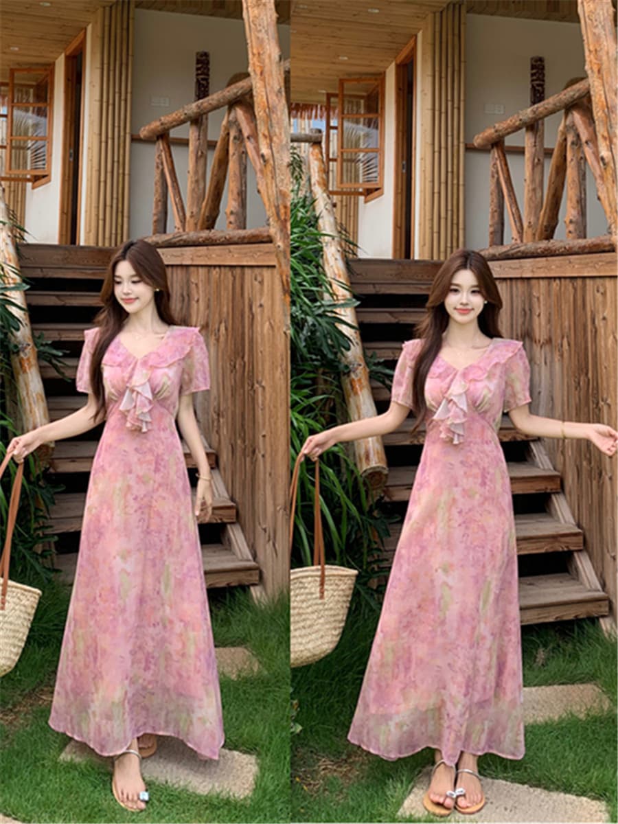 여름 새로운 패션 다용도 프랑스식 품격 허리 수축 슬림해 보이는 프릴 칼라 나비 매듭 부드러운 바람 휴가 드레스