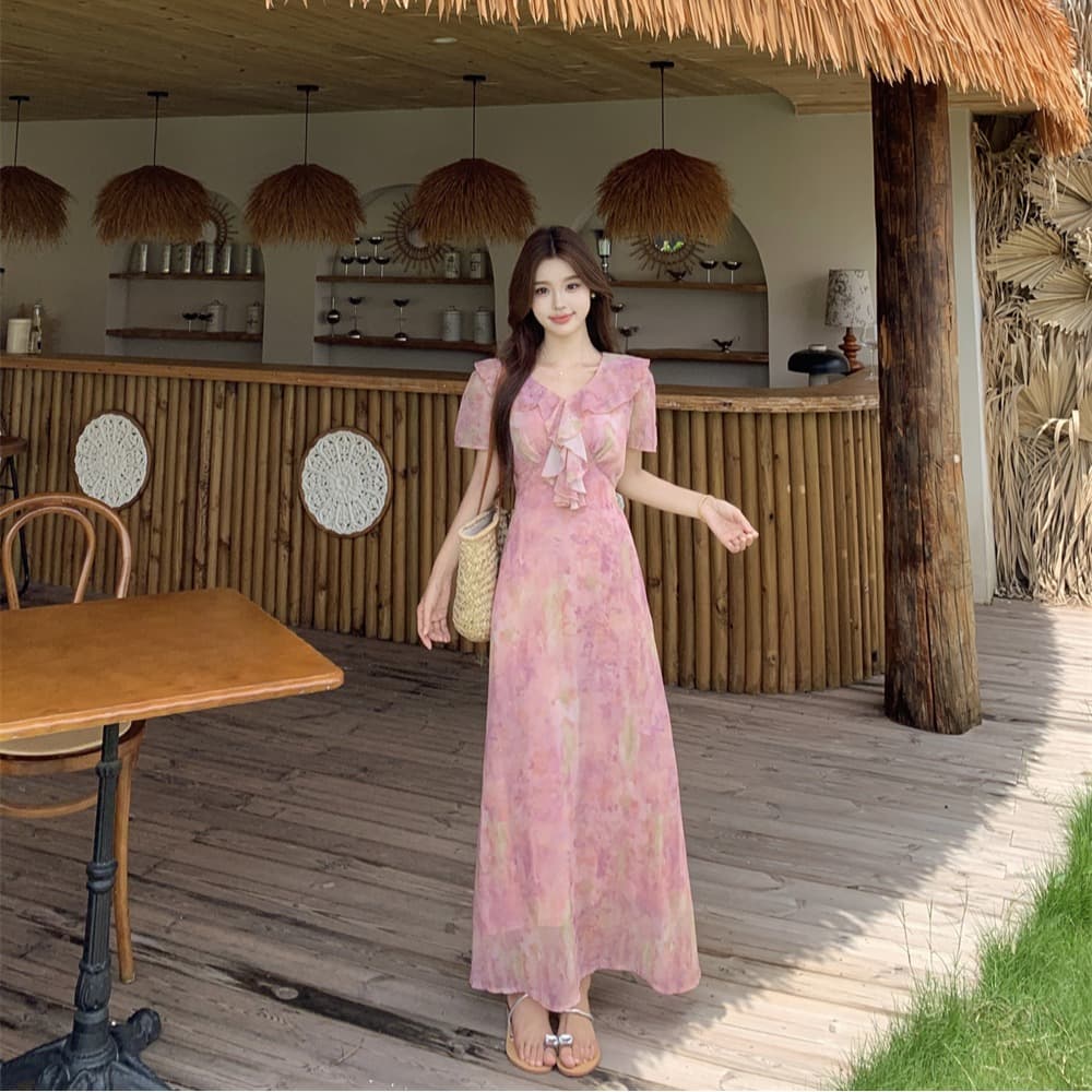 여름 새로운 패션 다용도 프랑스식 품격 허리 수축 슬림해 보이는 프릴 칼라 나비 매듭 부드러운 바람 휴가 드레스 이미지 5