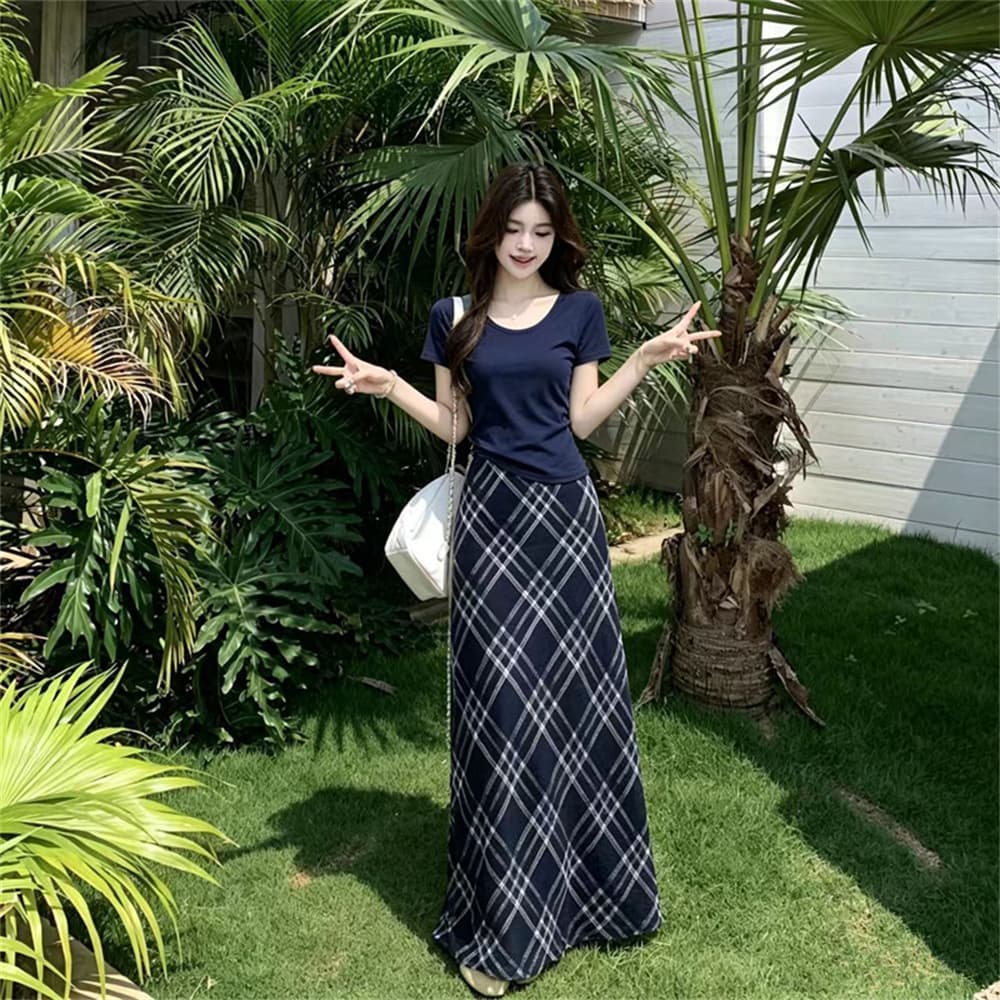 실사 빅 사이즈 지방 mm 고급 센스 레트로 슬림해 보이는 몸매 가꾸기 티셔츠 여성 여름 허리 수축 체크무늬 반신 스커트 투피스 세트 상세 이미지 8