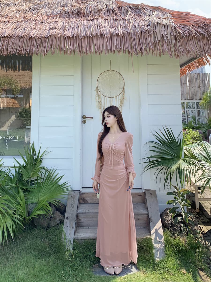빅 사이즈 프랑스식 부드러운 바람 롱 스커트 허리 수축 핀치 Pleat 슬림해 보이는 몸매 가꾸기 2026 가을 드레스 상세 이미지 4