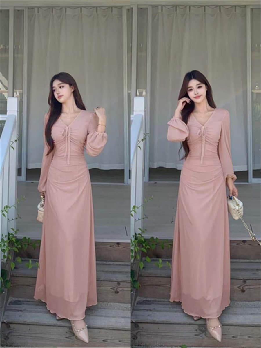 빅 사이즈 프랑스식 부드러운 바람 롱 스커트 허리 수축 핀치 Pleat 슬림해 보이는 몸매 가꾸기 2026 가을 드레스