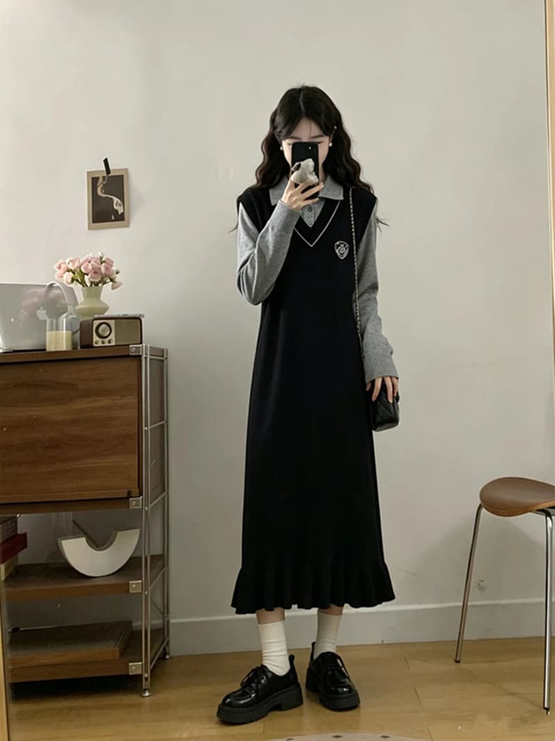 빅 사이즈 지방 mm 롱 코트 니트 여성 드레스 2026 년 새로운 가을 겨울 페이크 레이어드 인사이드 가져 가라. 스웨터 드레스