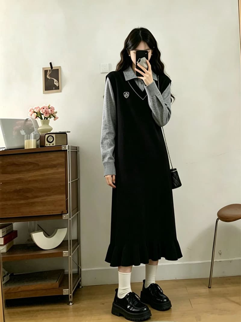 빅 사이즈 지방 mm 롱 코트 니트 여성 드레스 2026 년 새로운 가을 겨울 페이크 레이어드 인사이드 가져 가라. 스웨터 드레스 이미지 4