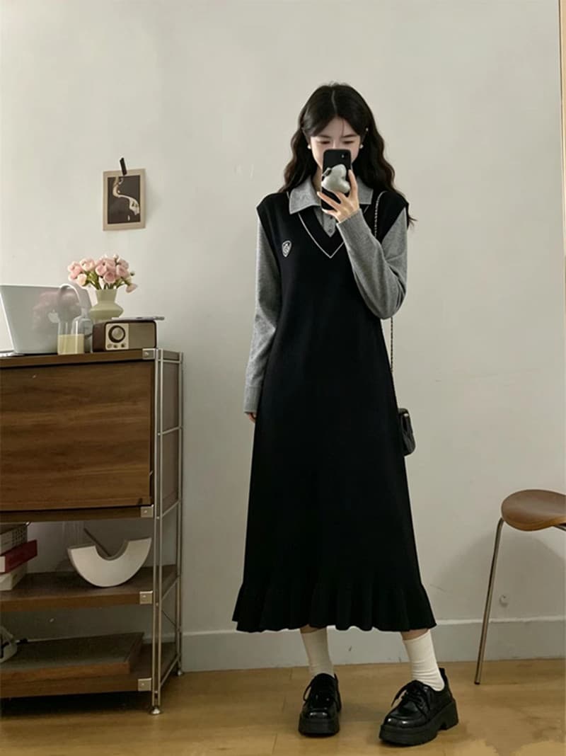 빅 사이즈 지방 mm 롱 코트 니트 여성 드레스 2026 년 새로운 가을 겨울 페이크 레이어드 인사이드 가져 가라. 스웨터 드레스 상세 이미지 7