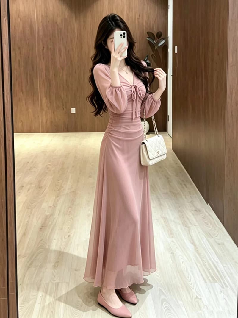 빅 사이즈 프랑스식 부드러운 바람 롱 스커트 허리 수축 핀치 Pleat 슬림해 보이는 몸매 가꾸기 2026 가을 드레스 상세 이미지 9