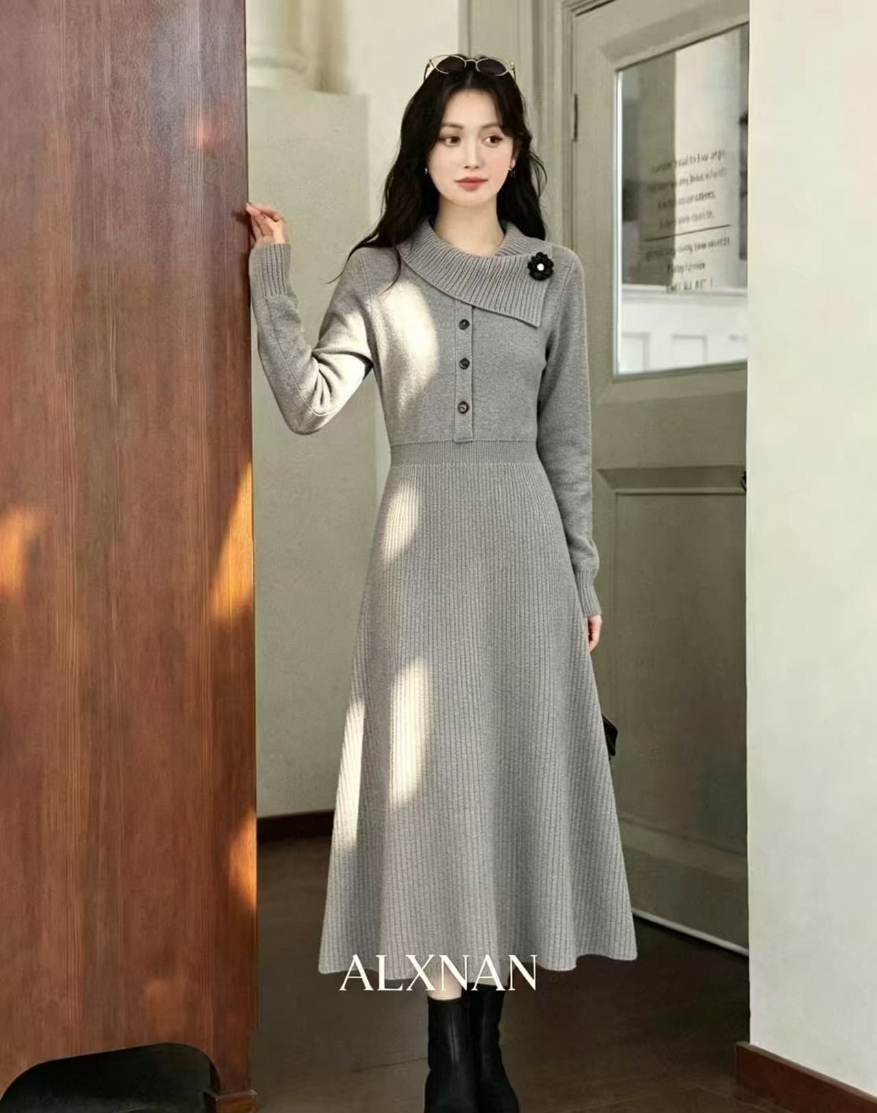 가을 겨울 허리 수축 브라운 양모 여성 드레스 디자인 센스 롱 코트 니트 치마 이미지 3
