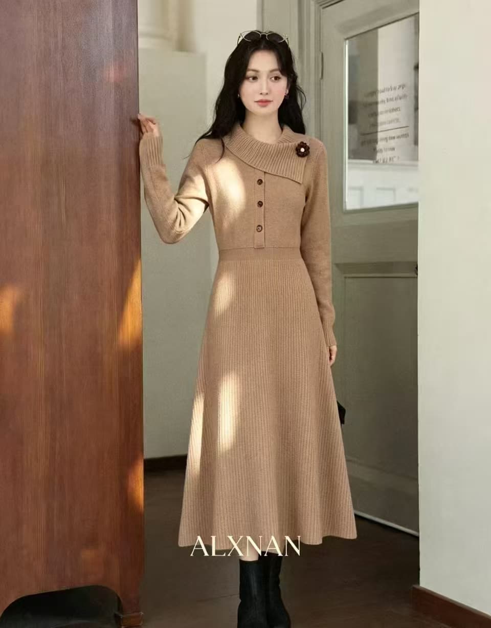 가을 겨울 허리 수축 브라운 양모 여성 드레스 디자인 센스 롱 코트 니트 치마 상세 이미지 1