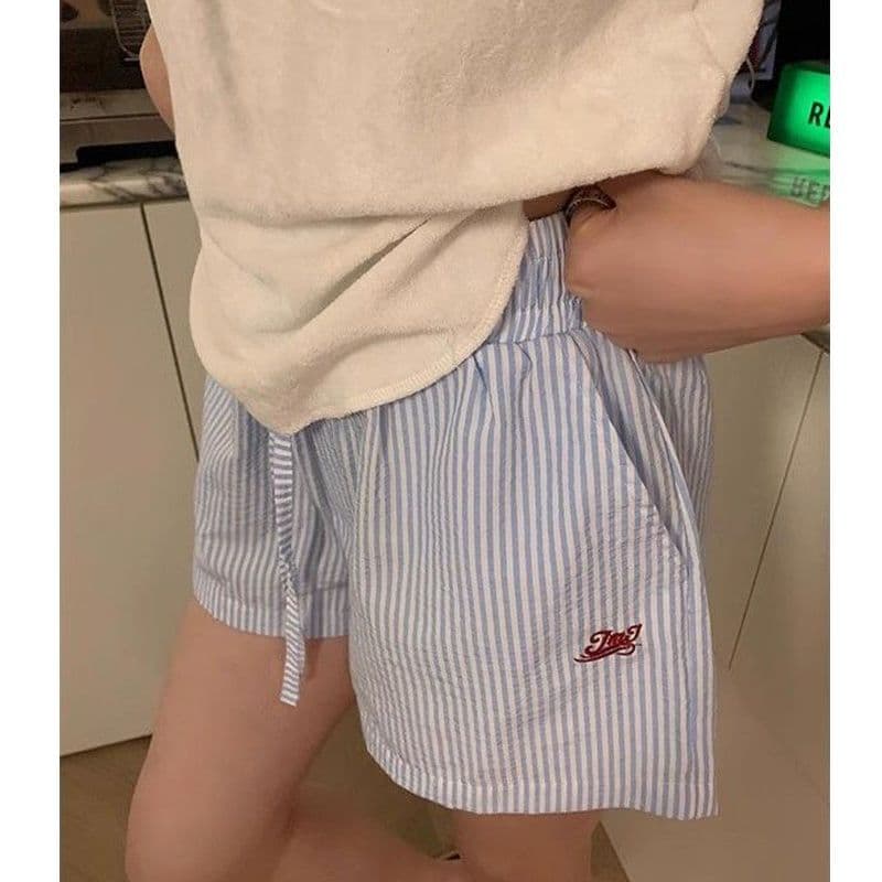있음 선적 원본 새로운 세로 줄무늬 펌프 로프 알파벳 자수 넓은 다리가 짧다. 바지 여성 루즈핏 여름 캐주얼 바지