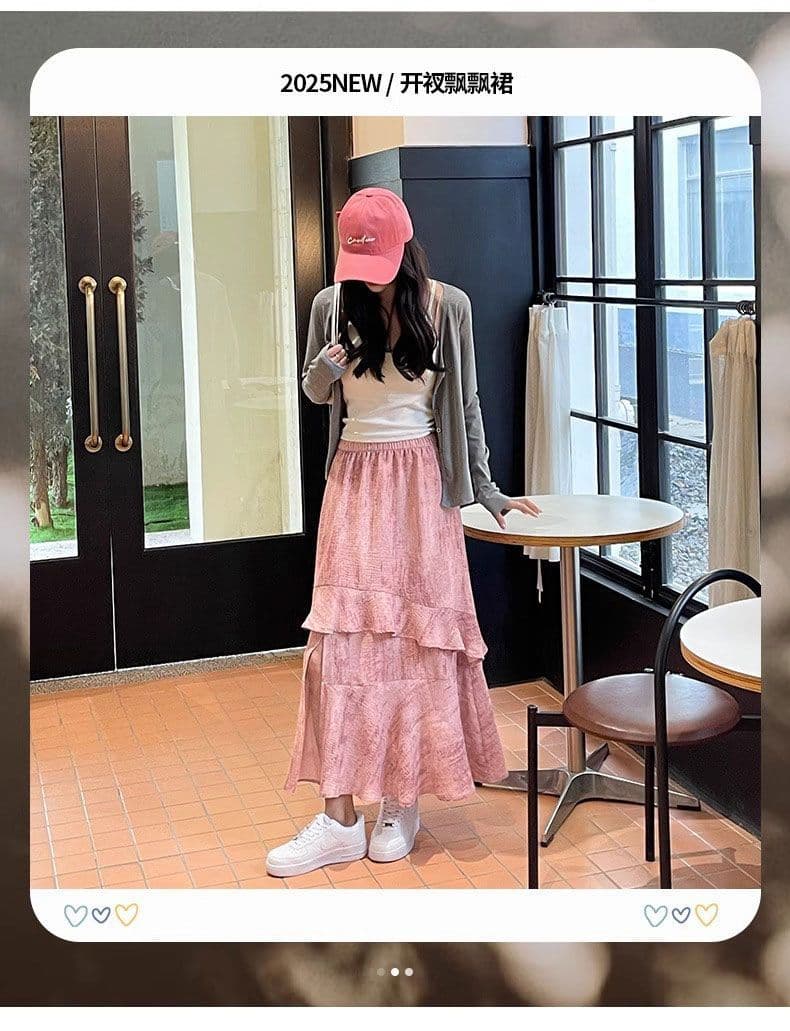 있음 선적 반신 스커트 여성 여름 한국 스타일 한 마디 트임 불규칙 롱 스커트 핑크색 프릴 케이크 치마 상세 이미지 2