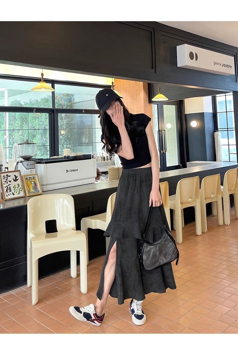있음 선적 반신 스커트 여성 여름 한국 스타일 한 마디 트임 불규칙 롱 스커트 핑크색 프릴 케이크 치마 상세 이미지 21
