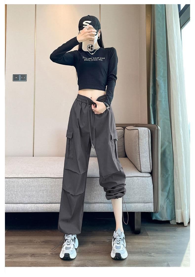 있음 선적 기타 색상 7 코드 가을 한국 스타일 워크웨어 팬츠 여성 새로운 하이웨이스트 루즈핏 캐주얼 넓은 다리 운동 바지 상세 이미지 17