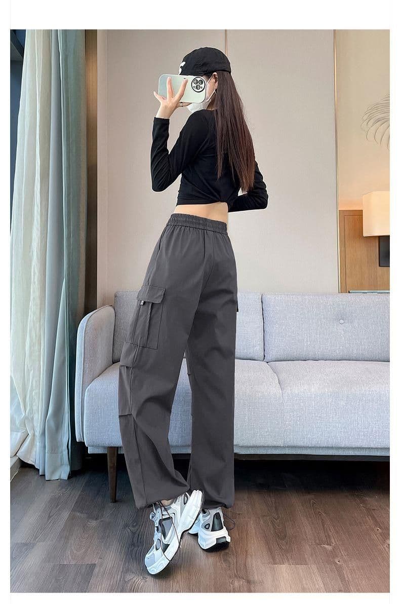 있음 선적 기타 색상 7 코드 가을 한국 스타일 워크웨어 팬츠 여성 새로운 하이웨이스트 루즈핏 캐주얼 넓은 다리 운동 바지 상세 이미지 22