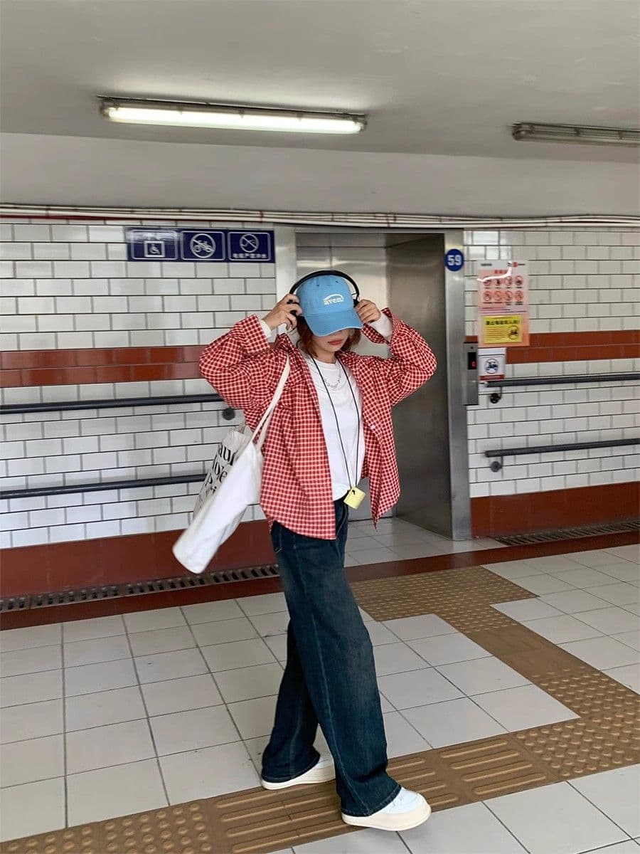 가을 새로운 원본 대외 무역 한국 스타일 포함 면 원본 그리드 강아지 자수 빨간색과 흰색 체크무늬 셔츠 이미지 3