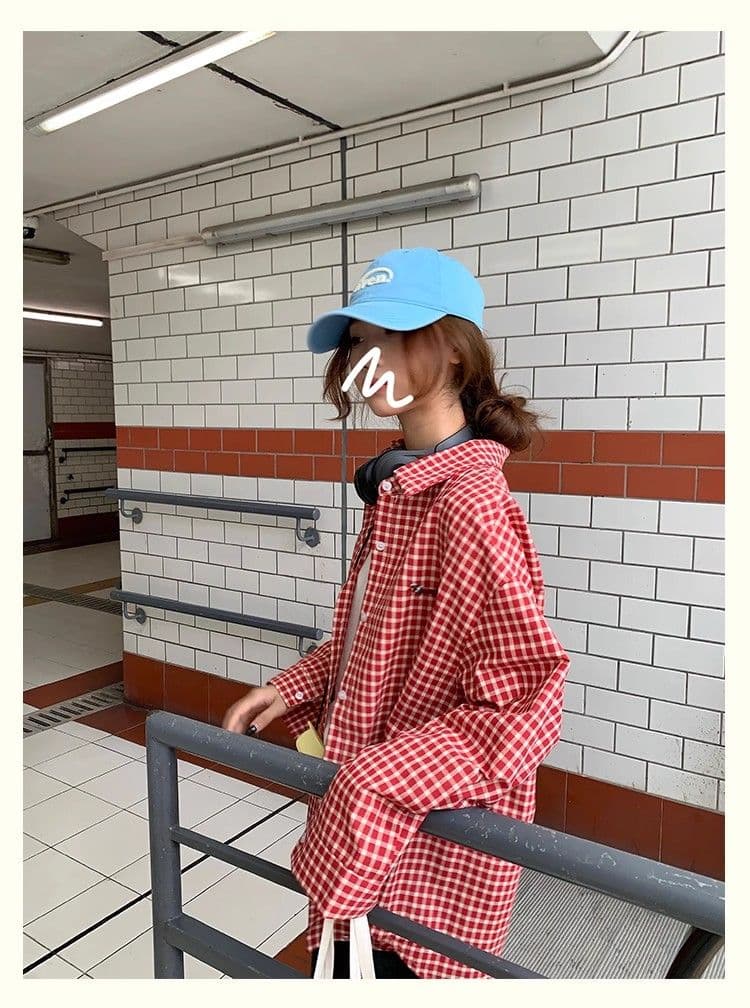 가을 새로운 원본 대외 무역 한국 스타일 포함 면 원본 그리드 강아지 자수 빨간색과 흰색 체크무늬 셔츠 이미지 4