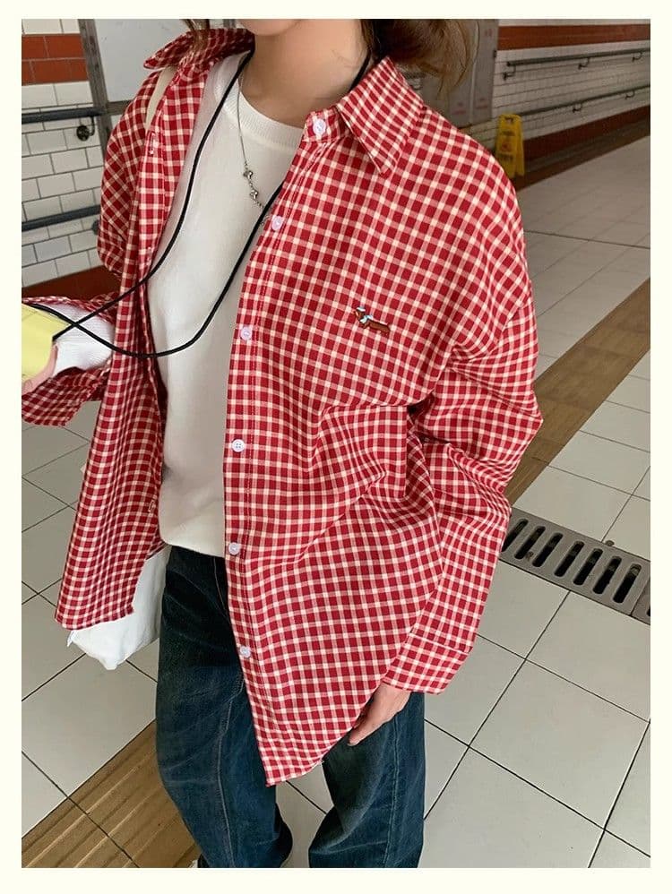 가을 새로운 원본 대외 무역 한국 스타일 포함 면 원본 그리드 강아지 자수 빨간색과 흰색 체크무늬 셔츠 상세 이미지 2
