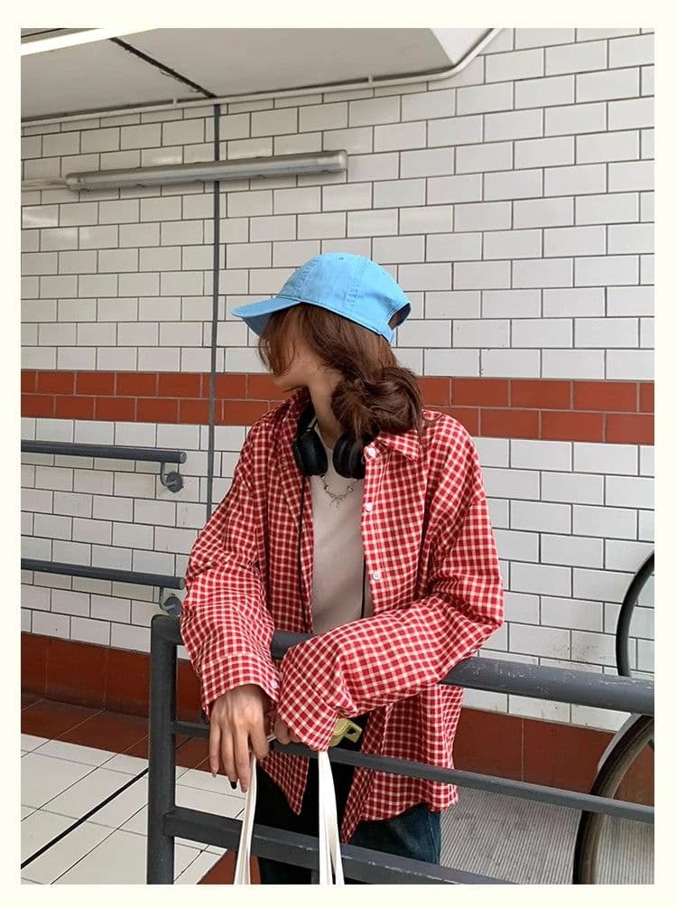 가을 새로운 원본 대외 무역 한국 스타일 포함 면 원본 그리드 강아지 자수 빨간색과 흰색 체크무늬 셔츠 상세 이미지 6
