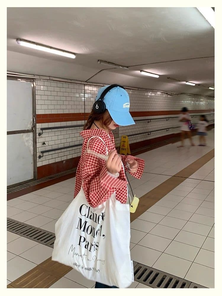 가을 새로운 원본 대외 무역 한국 스타일 포함 면 원본 그리드 강아지 자수 빨간색과 흰색 체크무늬 셔츠 상세 이미지 8