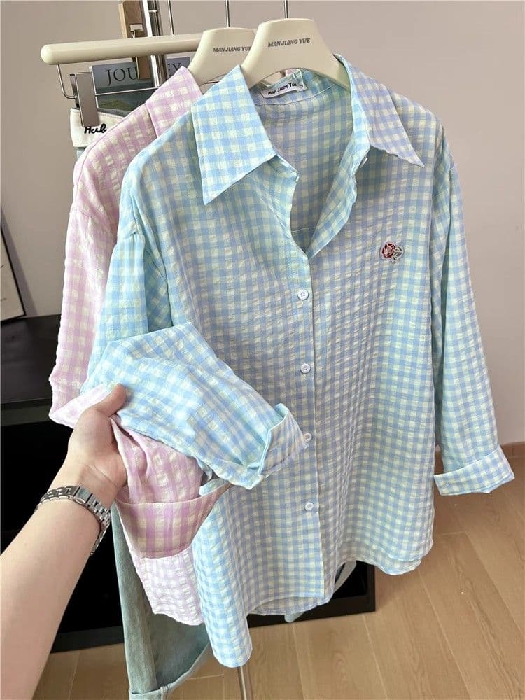 있음 선적 원본 품질 푸른 녹색 체크무늬 POLO 칼라 셔츠 여성 도파민 얇은 스타일 루즈핏 자외선 차단 맨위