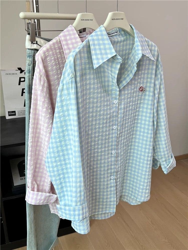 있음 선적 원본 품질 푸른 녹색 체크무늬 POLO 칼라 셔츠 여성 도파민 얇은 스타일 루즈핏 자외선 차단 맨위 상세 이미지 3
