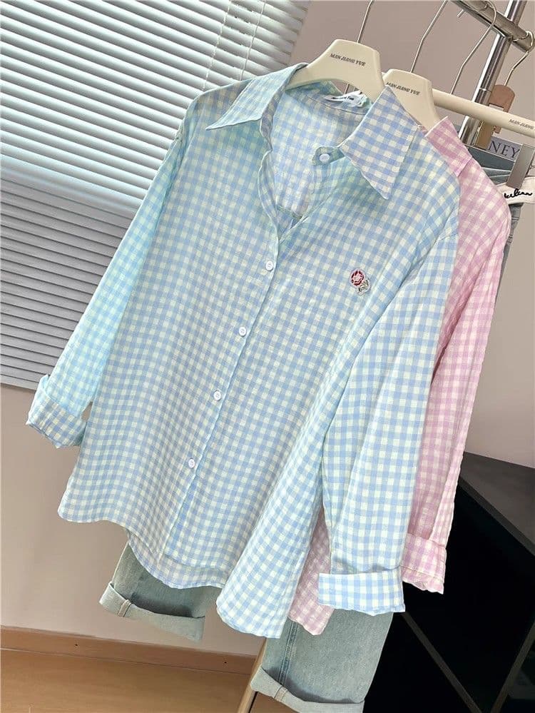 있음 선적 원본 품질 푸른 녹색 체크무늬 POLO 칼라 셔츠 여성 도파민 얇은 스타일 루즈핏 자외선 차단 맨위 상세 이미지 4