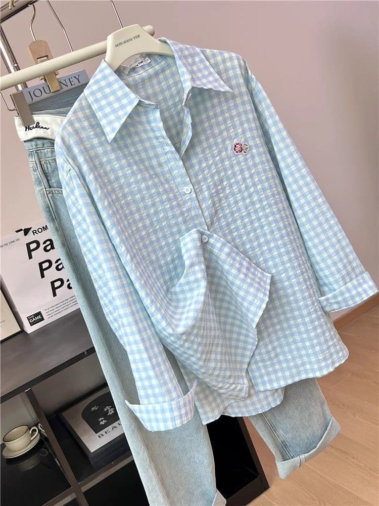 있음 선적 원본 품질 푸른 녹색 체크무늬 POLO 칼라 셔츠 여성 도파민 얇은 스타일 루즈핏 자외선 차단 맨위 상세 이미지 6