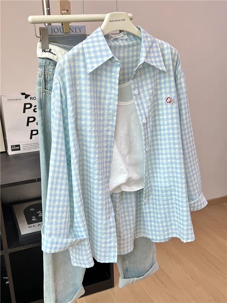 있음 선적 원본 품질 푸른 녹색 체크무늬 POLO 칼라 셔츠 여성 도파민 얇은 스타일 루즈핏 자외선 차단 맨위 상세 이미지 8