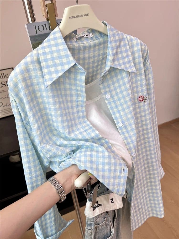 있음 선적 원본 품질 푸른 녹색 체크무늬 POLO 칼라 셔츠 여성 도파민 얇은 스타일 루즈핏 자외선 차단 맨위 상세 이미지 9
