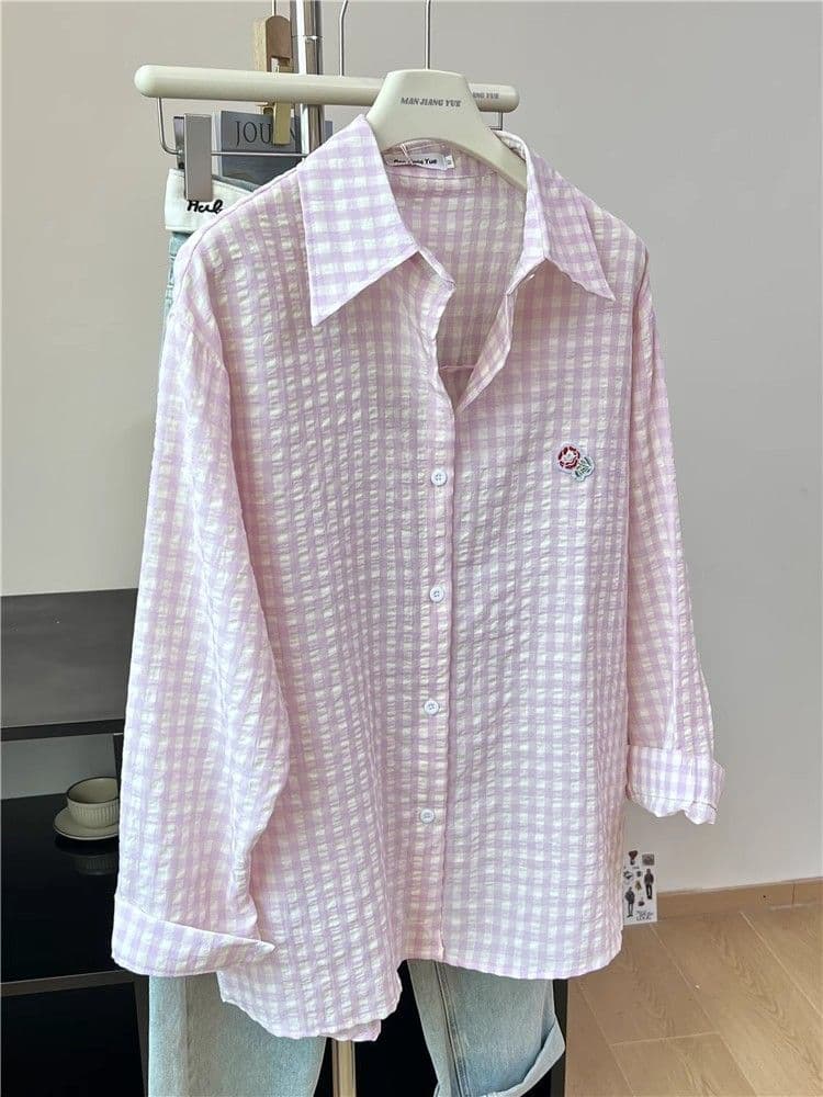 있음 선적 원본 품질 푸른 녹색 체크무늬 POLO 칼라 셔츠 여성 도파민 얇은 스타일 루즈핏 자외선 차단 맨위 상세 이미지 13