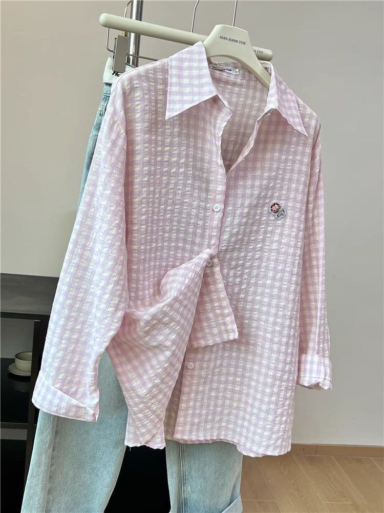 있음 선적 원본 품질 푸른 녹색 체크무늬 POLO 칼라 셔츠 여성 도파민 얇은 스타일 루즈핏 자외선 차단 맨위 상세 이미지 15
