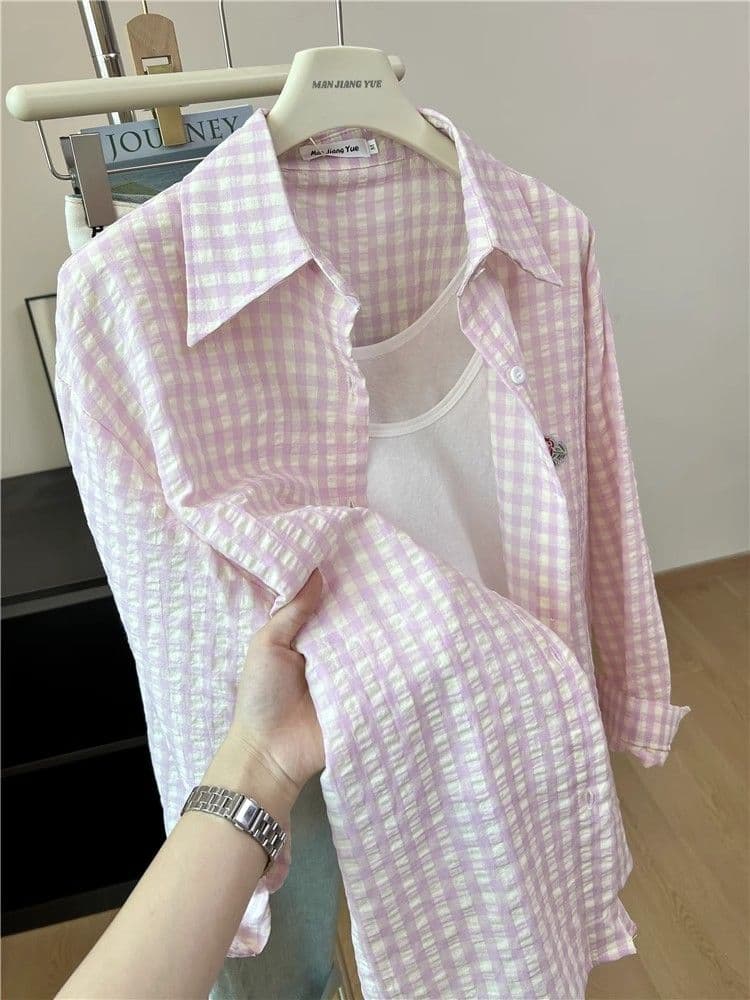 있음 선적 원본 품질 푸른 녹색 체크무늬 POLO 칼라 셔츠 여성 도파민 얇은 스타일 루즈핏 자외선 차단 맨위 상세 이미지 18