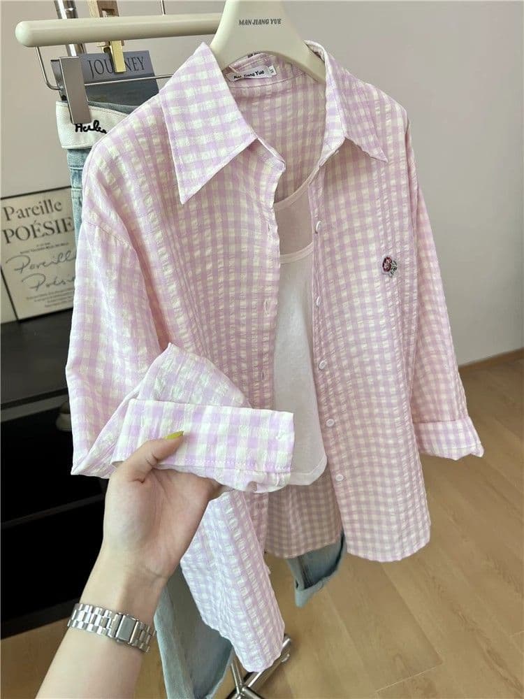 있음 선적 원본 품질 푸른 녹색 체크무늬 POLO 칼라 셔츠 여성 도파민 얇은 스타일 루즈핏 자외선 차단 맨위 상세 이미지 21