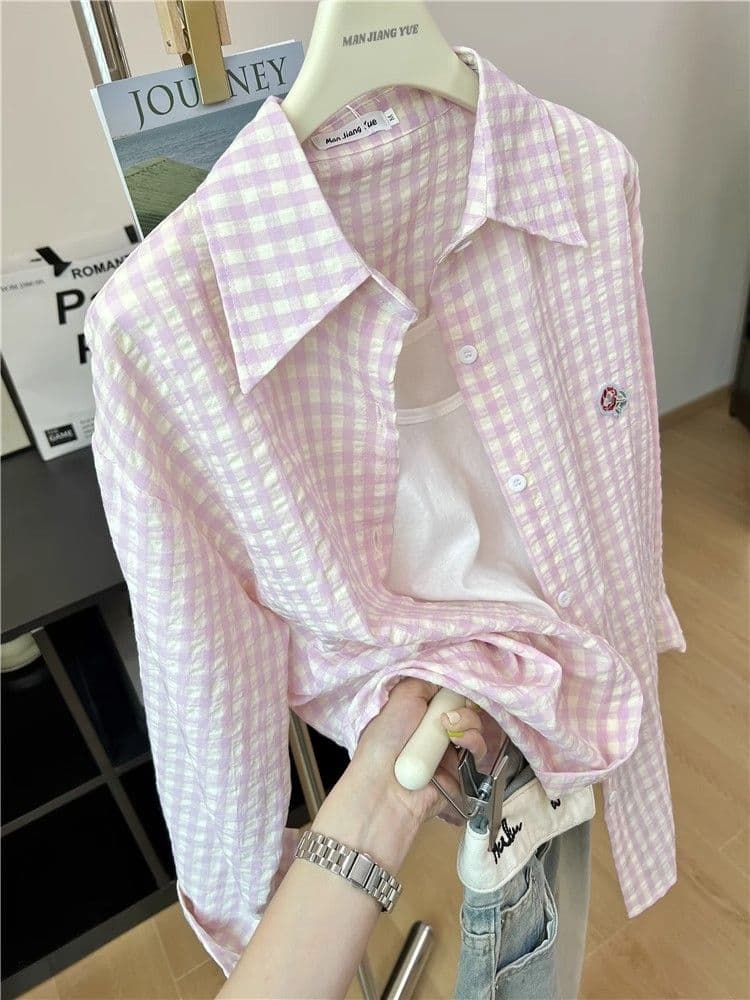 있음 선적 원본 품질 푸른 녹색 체크무늬 POLO 칼라 셔츠 여성 도파민 얇은 스타일 루즈핏 자외선 차단 맨위 상세 이미지 22